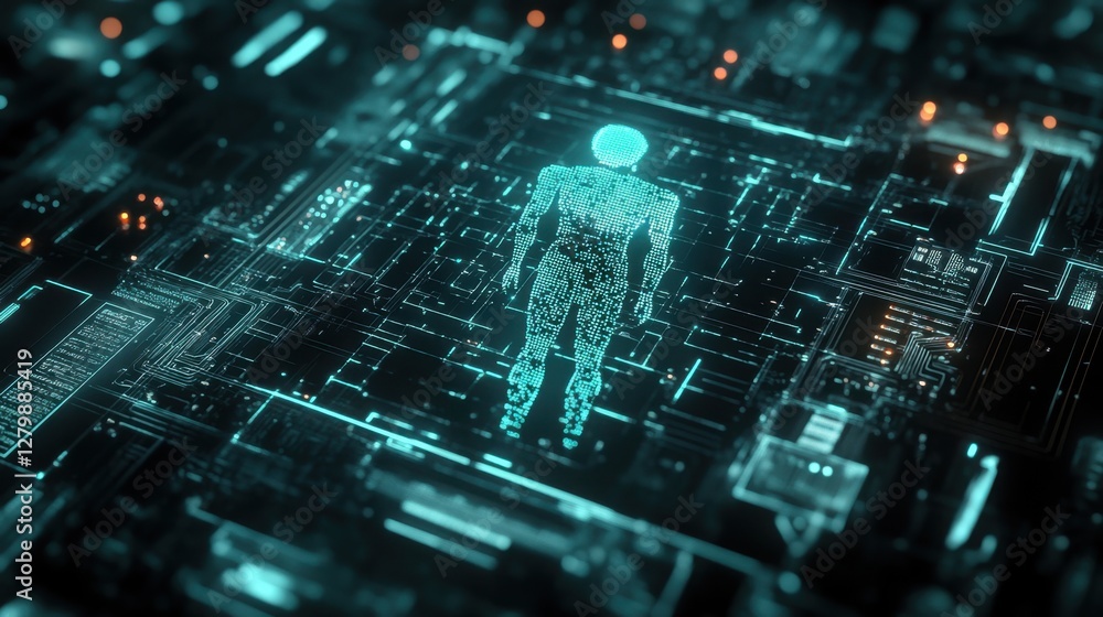 Aufkleber a high-tech scene with a glowing ai icon on a sleek black circuit board in a digital setting.