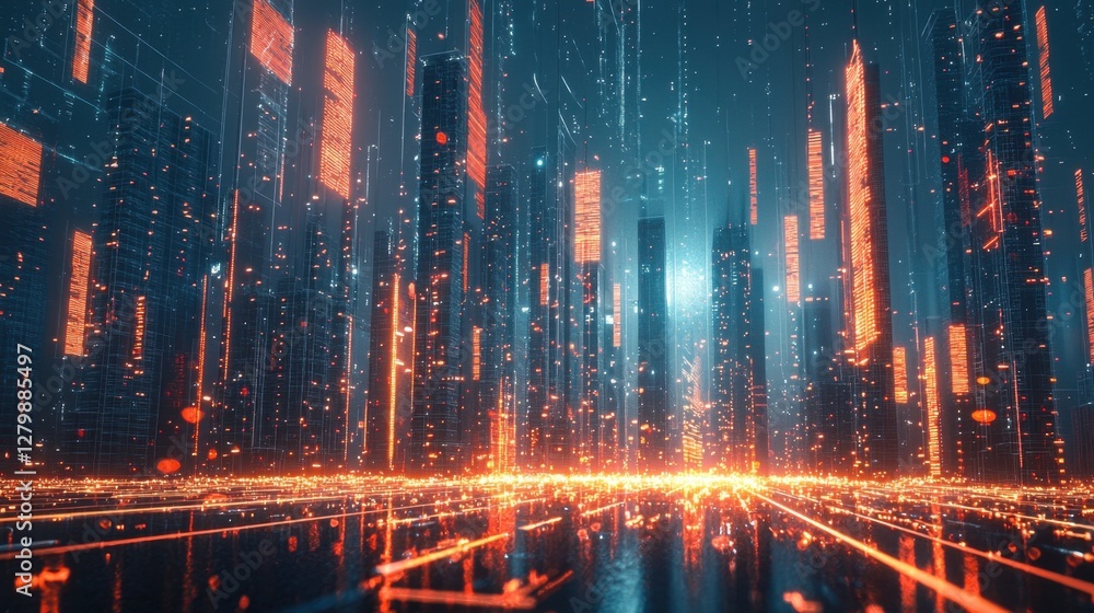 Poster a fragmented profit forecast with digital neon textures and high-tech business styling.