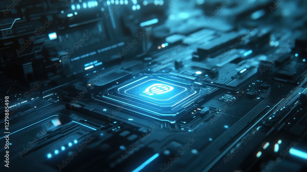Aufkleber a high-tech scene with a glowing ai icon on a sleek black circuit board in a digital setting.