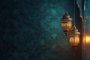 green bannre Ornate Islamic hanging lamps glow with golden light on a gradient emerald-green-to-gold background, perfect for festive Ramadan messages and designs