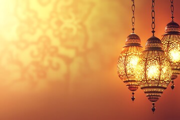 banner orange Ornate Islamic hanging lamps glow with golden light on a gradient emerald-green-to-gold background, perfect for festive Ramadan messages and designs