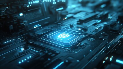 Fototapeta premium A high-tech scene with a glowing AI icon on a sleek black circuit board in a digital setting.