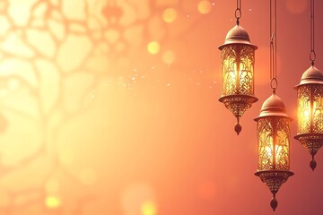 banner orange Ornate Islamic hanging lamps glow with golden light on a gradient emerald-green-to-gold background, perfect for festive Ramadan messages and designs
