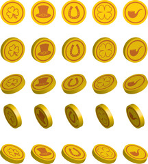 Saint Patrick's Day  golden coins element with irish symbol Rotating 3d. on isolated transparent background.