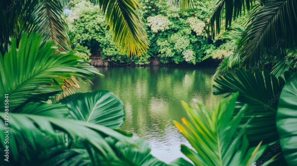 Poster vibrant green foliage and palm leaves create a natural frame around a tranquil river flowing through