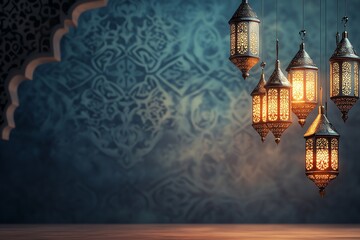 banner blue Ornate Islamic hanging lamps glow with golden light on a gradient emerald-green-to-gold background, perfect for festive Ramadan messages and designs