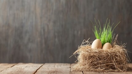Obraz premium Natural Nest with Brown Eggs and Fresh Green Grass on Wooden Table Background for Easter or Farm Themes
