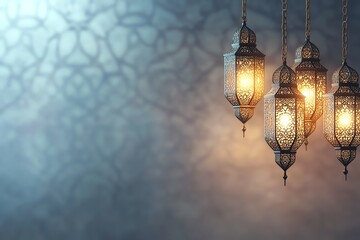 banner blue Ornate Islamic hanging lamps glow with golden light on a gradient emerald-green-to-gold background, perfect for festive Ramadan messages and designs