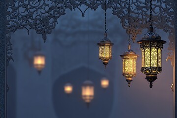 banner blue Ornate Islamic hanging lamps glow with golden light on a gradient emerald-green-to-gold background, perfect for festive Ramadan messages and designs