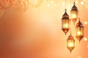 banner orange Ornate Islamic hanging lamps glow with golden light on a gradient emerald-green-to-gold background, perfect for festive Ramadan messages and designs