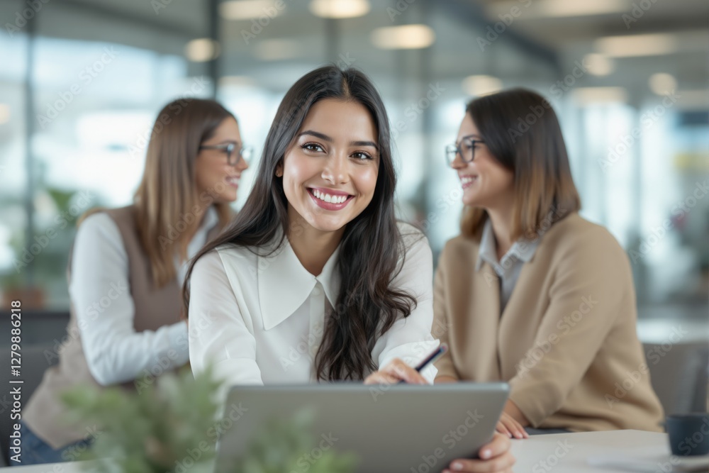 Poster professional woman smiling while using a tablet in a modern office, with colleagues interacting in t