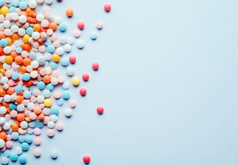 Pile of colorful pills and tablets on a white background with copy space, top view