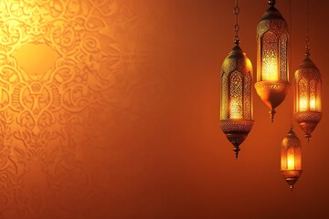 banner orange Ornate Islamic hanging lamps glow with golden light on a gradient emerald-green-to-gold background, perfect for festive Ramadan messages and designs