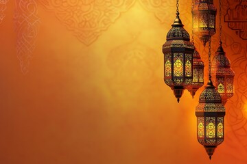 banner orange Ornate Islamic hanging lamps glow with golden light on a gradient emerald-green-to-gold background, perfect for festive Ramadan messages and designs