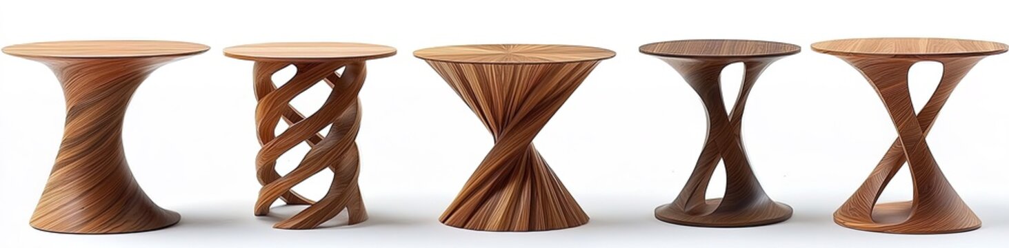 Set of Five Wooden Hyperbel Side Tables Isolated on White Background