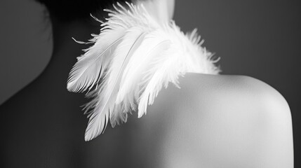 Obraz premium A minimalistic image of a white feather on a bare shoulder, conveying themes of softness, sensitivity, and purity