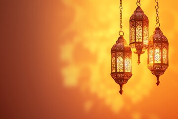 banner orange Ornate Islamic hanging lamps glow with golden light on a gradient emerald-green-to-gold background, perfect for festive Ramadan messages and designs