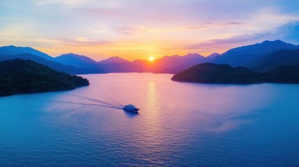 Obraz premium Serene Sunset Over Calm Waters with a Boat in the Distance Amidst Majestic Mountain Landscape