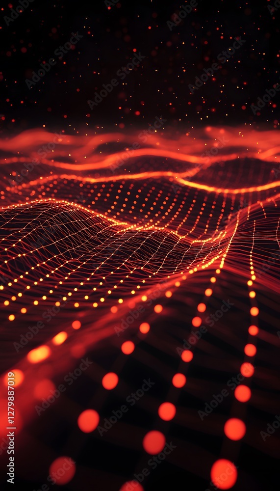 Poster abstract depiction of a network with fiery red glowing dots