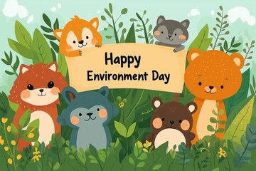 Naklejka premium Cute animals in a forest holding 