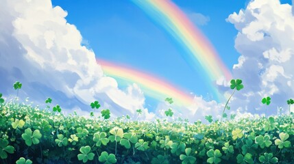 A rainbow cutting through a serene blue sky above a lush field of four-leaf clovers swaying gently in the breeze