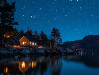 Fototapeta premium Starry Night Cabin by Lakeside