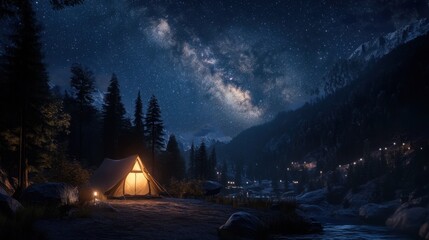 A starry sky with the Milky Way shining above a lighted tent in a tranquil mountain forest.