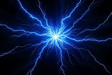 Bright electric blue lightning bolts radiate from a central point on a dark background, creating an intense energy burst concept. Ai generative
