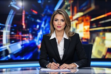 Female news anchor in formal attire sitting at a desk with a futuristic newsroom background, holding a pen and paper. Concept of journalism and media. Ai generative