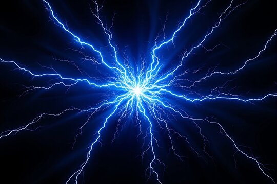 Bright electric blue lightning bolts radiate from a central point on a dark background, creating an intense energy burst concept. Ai generative