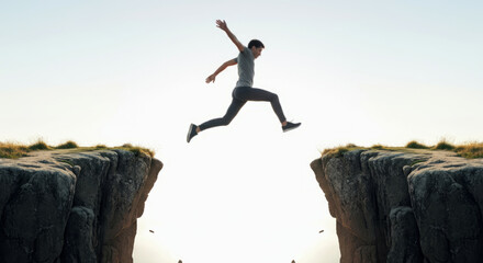 Obraz premium A man is jumping over a cliff
