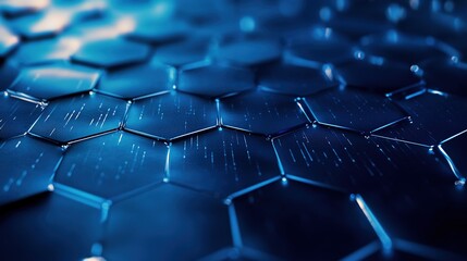 Obraz premium Close-up of solar cell texture with hexagonal patterns, macro photography, metallic blue surface, laboratory lighting,
