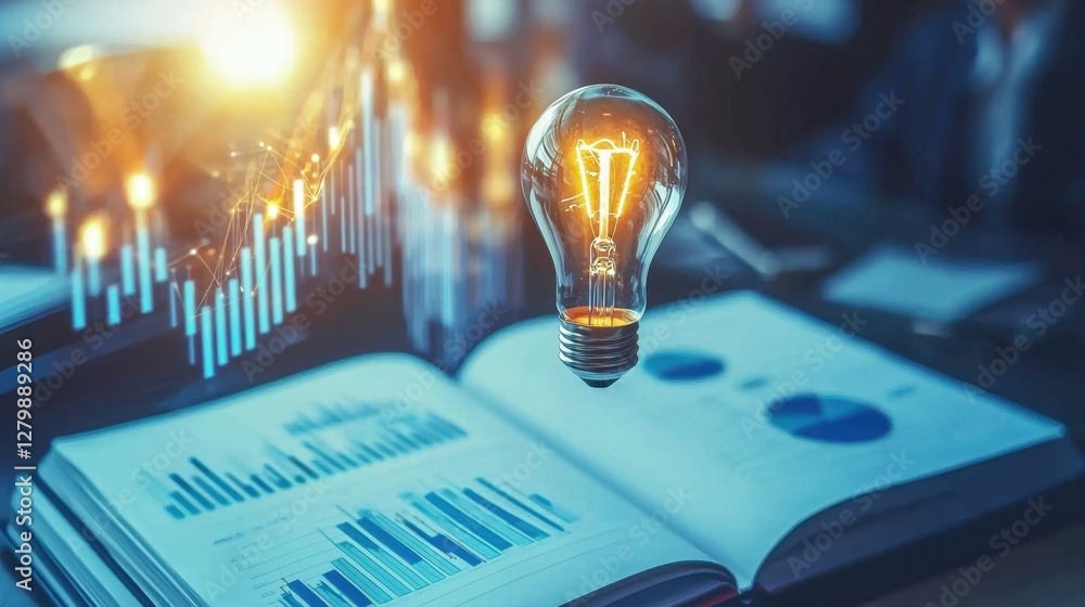 Aufkleber a glowing filament light bulb hovering over an open business notebook, symbolizing fresh ideas and i