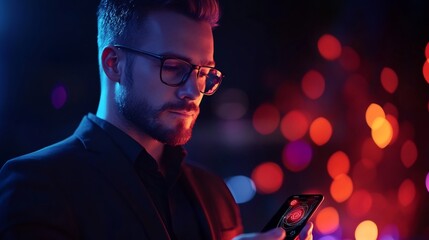 Stylish Man Using Smartphone at Night with Neon Lights