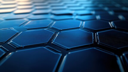 Naklejka premium Close-up of solar cell texture with hexagonal patterns, macro photography, metallic blue surface, laboratory lighting,