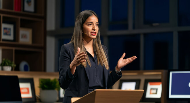 A woman is standing in front of a podium and speaking into a microphone
