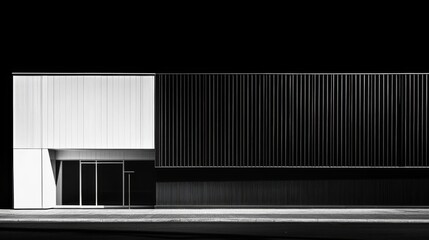 Modern building facade at night, architectural lines, minimalist style, exterior lighting