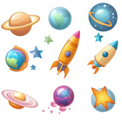 Colorful Space Icons Featuring Planets, Stars, and Rockets