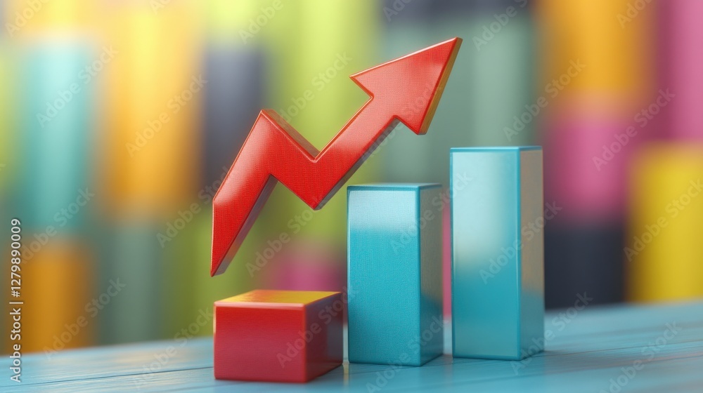 Poster colorful abstract background with 3d bar graphs and an upward arrow indicating growth