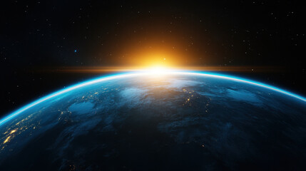 stunning view of Earth from space, showcasing glowing sunrise over horizon, with stars twinkling in background. vibrant colors create sense of wonder and beauty