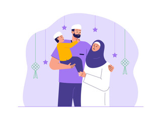 Muslim family celebrates ramadan kareem Illustration. Eid illustration. Flat vector illustration concept.