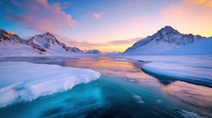 Breathtaking view of icy mountains and serene waters at sunset, showcasing beauty of nature winter landscape