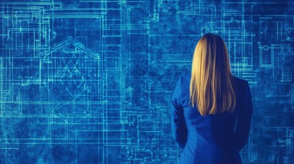 A businesswoman gazing at digital blueprints in a futuristic workspace, symbolizing innovation