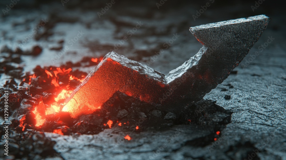 Poster metallic arrow emerging from molten lava, symbolizing growth and progress in a dynamic environment