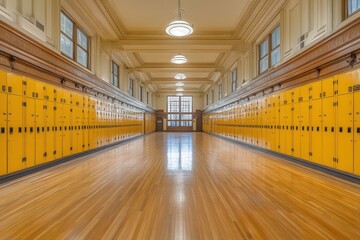 Long hallway with rows of yellow lockers, hardwood floors, and ornate ceiling. Ideal for education, nostalgia, or vintage school themes.