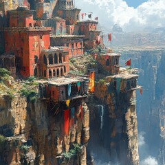 Cliffside village with red buildings, flags, and waterfalls.