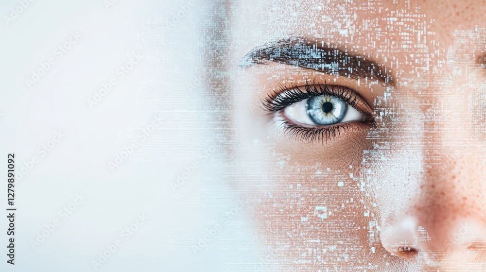 Aufkleber close up of a woman's blue eye with a digital overlay of data analysis, representing concepts such a