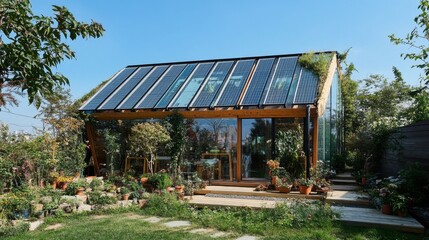 Modern Sustainable Home with Solar Panels and Garden