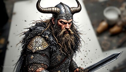 Viking Warrior Holding Sword with Horned Helmet and Intricate Armor