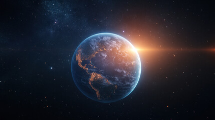 Fototapeta premium stunning view of Earth illuminated by sunlight, showcasing vibrant continents and twinkling city lights against backdrop of space